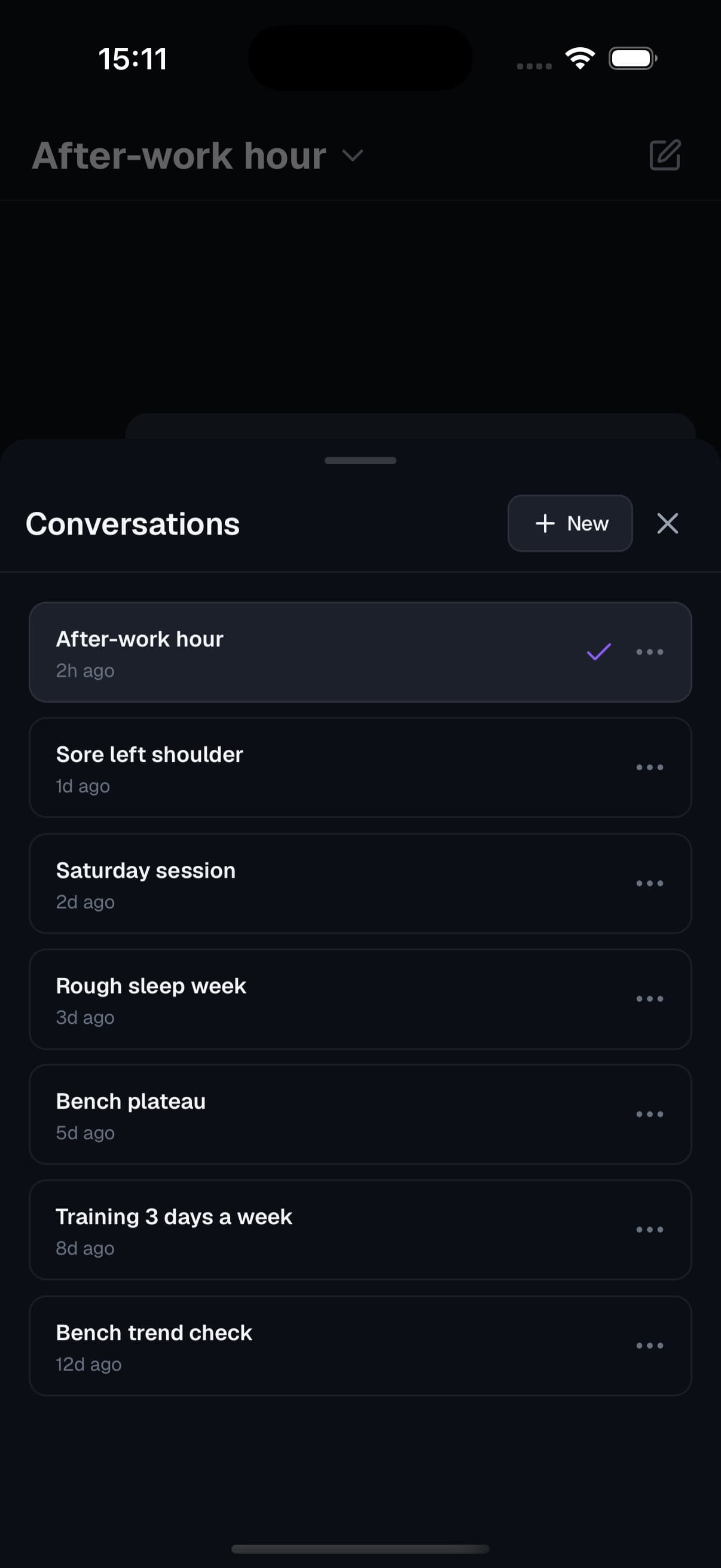 Panthyr conversation list with separate threads for an after-work hour, a sore shoulder, a Saturday session and a rough sleep week